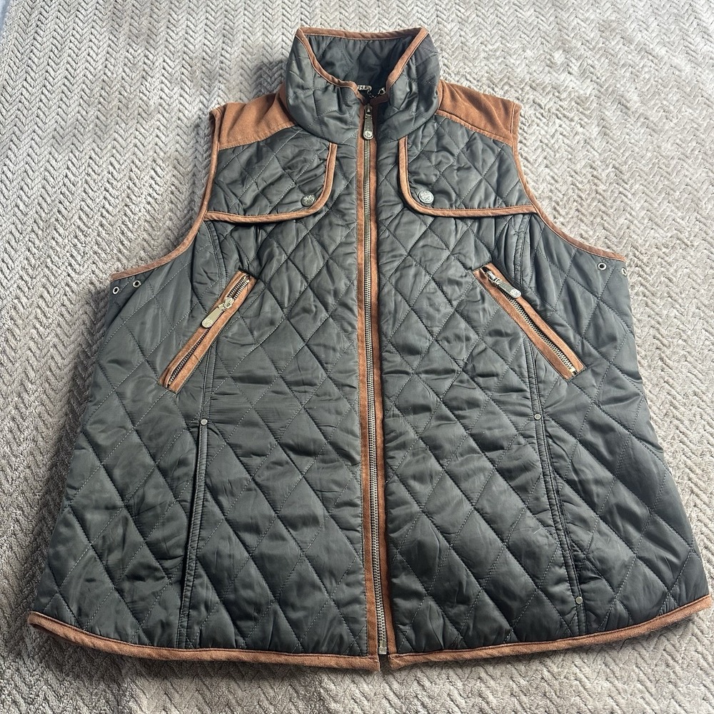 Vince Camuto Green Quilted Faux Suede Tan Full Zip Vest Jacket XL